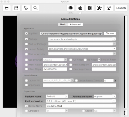 Appium Desktop configuration for the test app