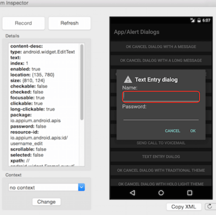 Text entry dialog for testing edit fields