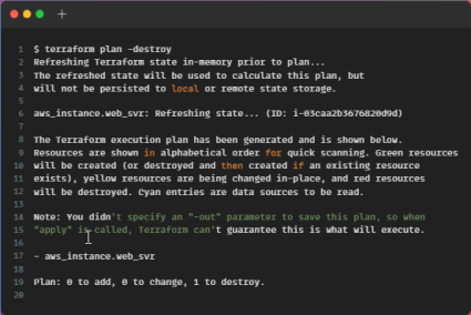 Clean up by typing $ terraform plan -destroy