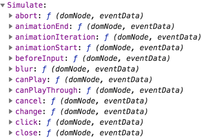 ReactTestUtils Simulate methods list